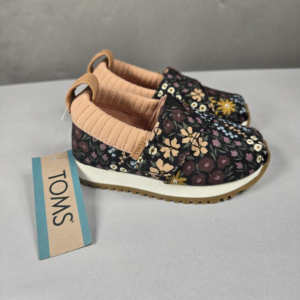 TOMS Tiny Alpargata Resident Black Wildflowers Floral Sneaker Kids Toddler 5‎